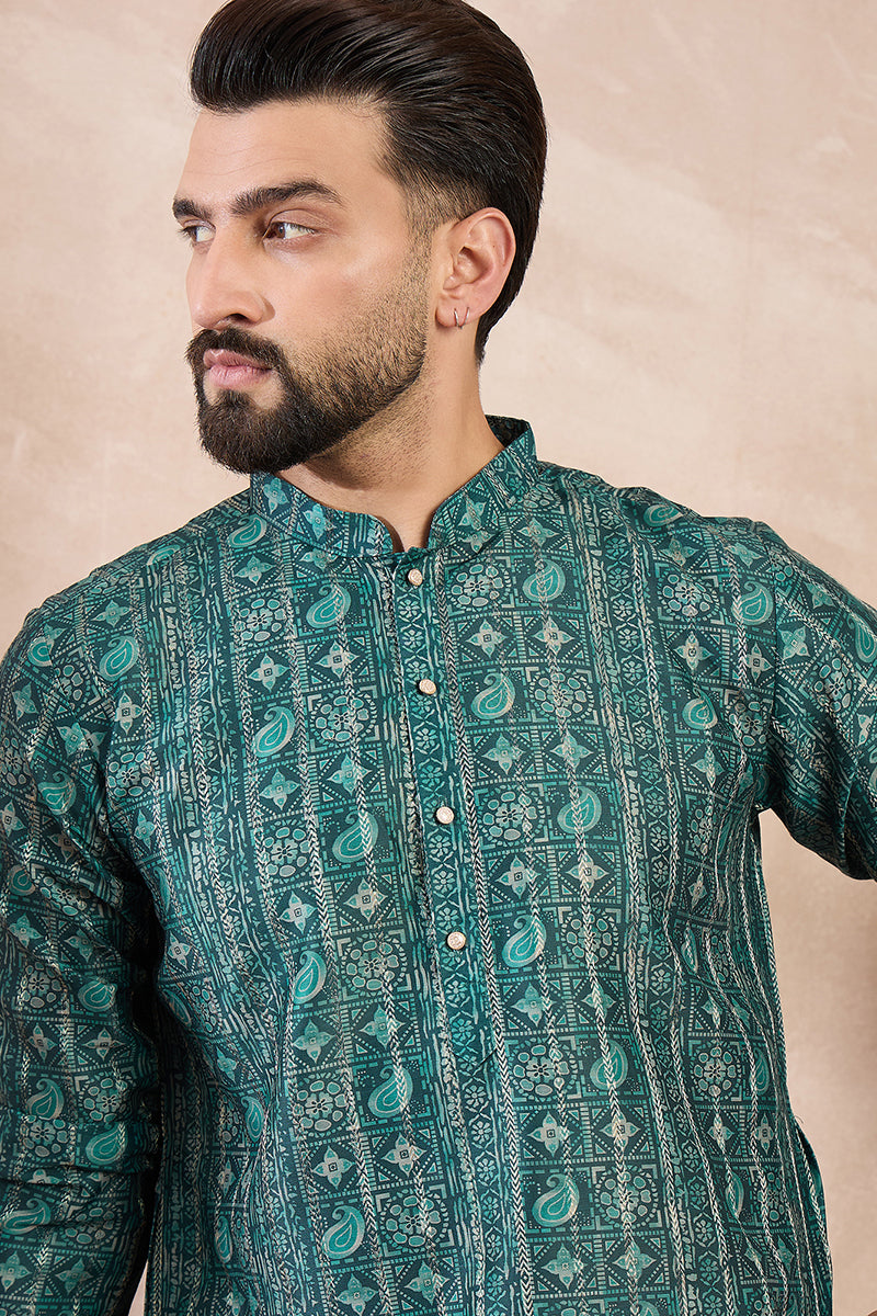 Green Silk Blend Ethnic Motifs Printed Straight Kurta With Trouser MKSET1996