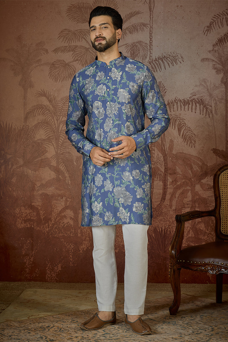 Blue Silk Blend Floral Printed Kurta MKU2567