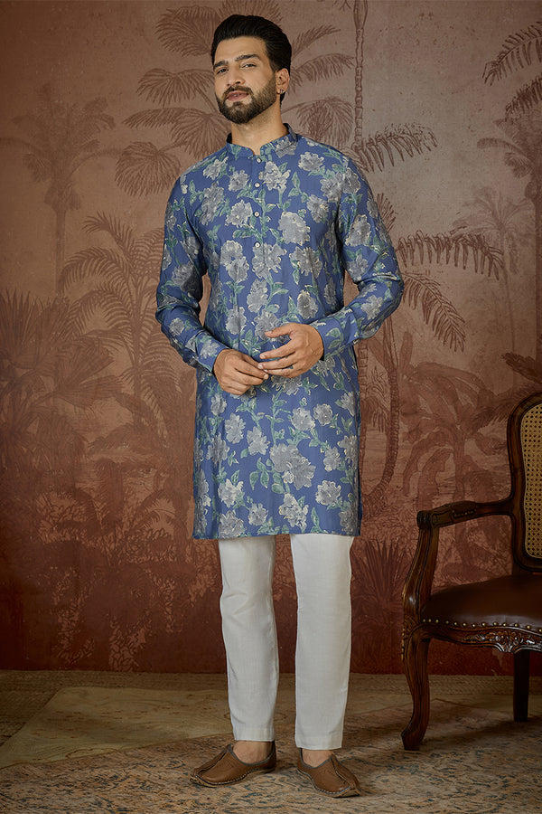 Blue Silk Blend Floral Printed Kurta MKU2567