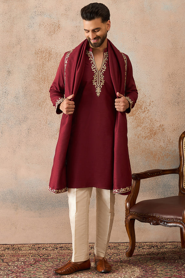 Maroon Silk Blend Solid Embroidered Kurta & Trouser With Dupatta MKPD1036