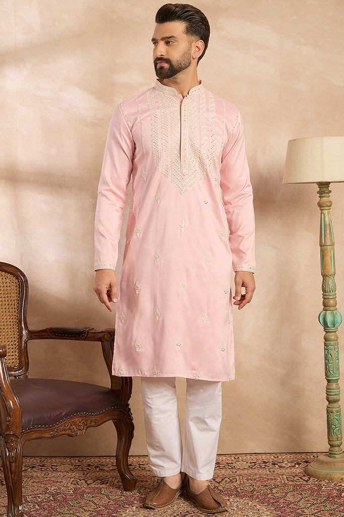 Pink Silk Geometric Embroidered Straight Kurta With Trouser MKSET1683