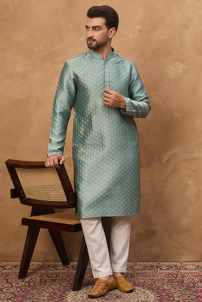 Blue Silk Blend Solid Woven Design Straight Kurta MKU1457