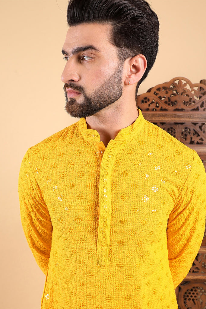 Ethnic Bay Yellow Viscose Rayon Solid Embroidered Straight Kurta For Men MKU1010YLW