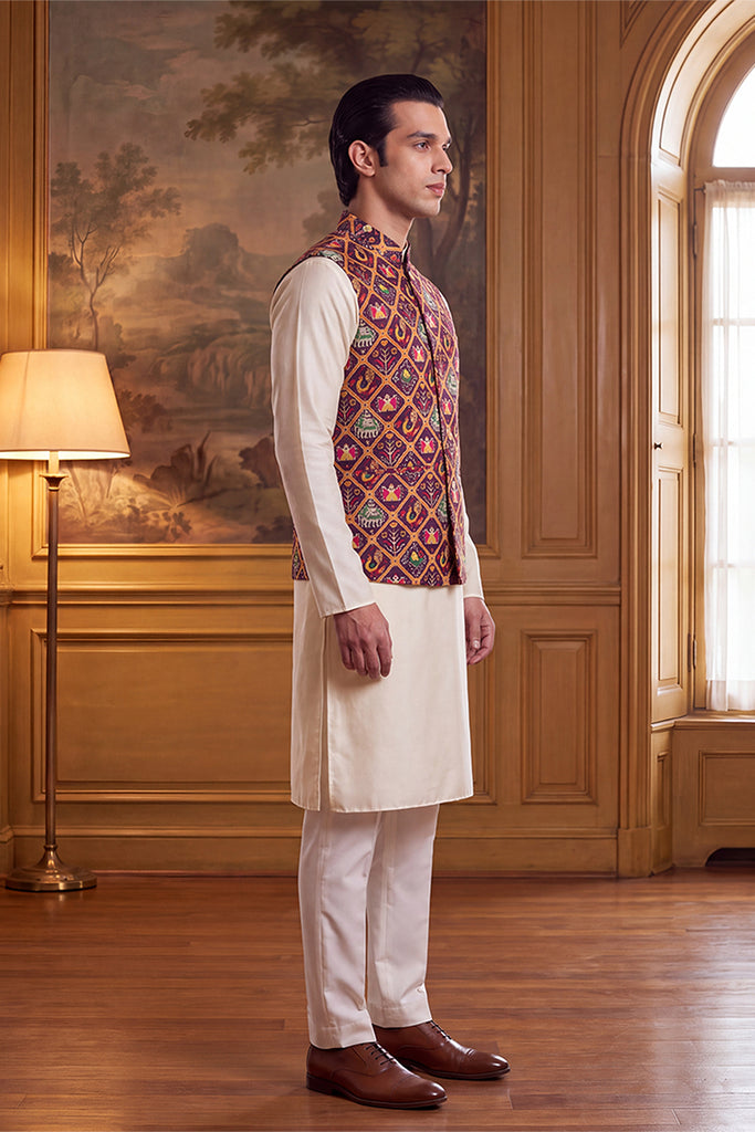 Purple Silk Blend Patola Print Mandarine Collar Koti MKOT1047