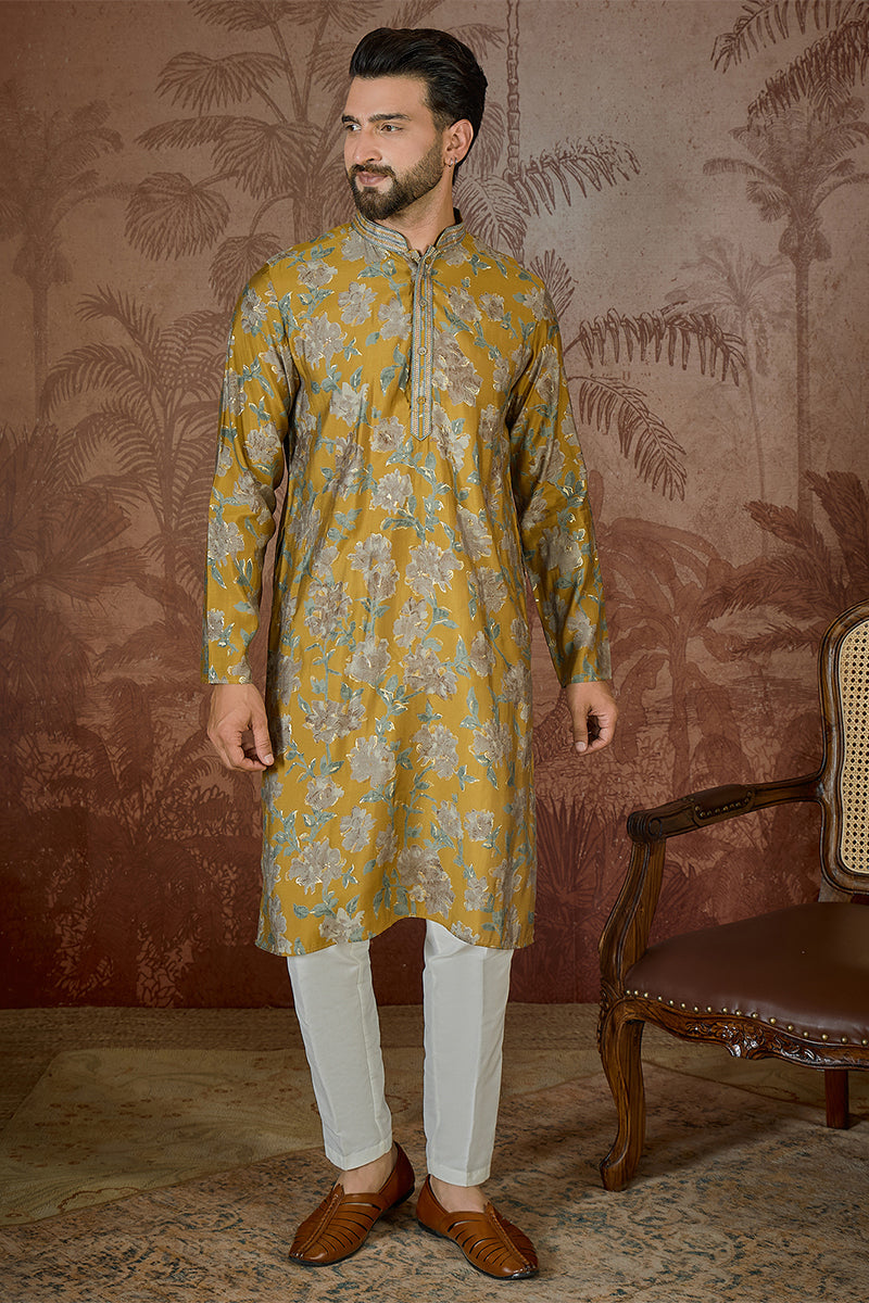 Mustard Silk Blend Floral Embroidered Kurta With Trouser MKSET2505
