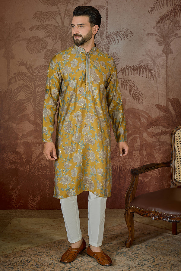 Mustard Silk Blend Floral Embroidered Kurta With Trouser MKSET2505