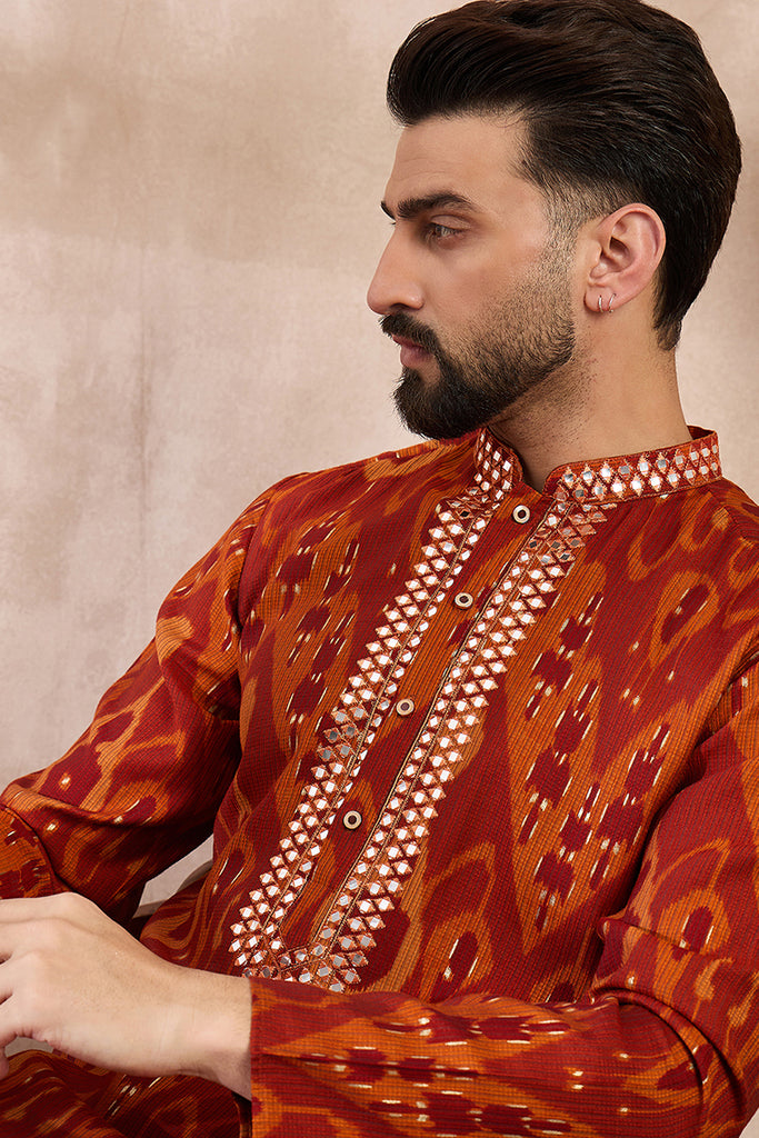 Orange Silk Blend Chevron Printed Straight Kurta With Trouser MKSET1964