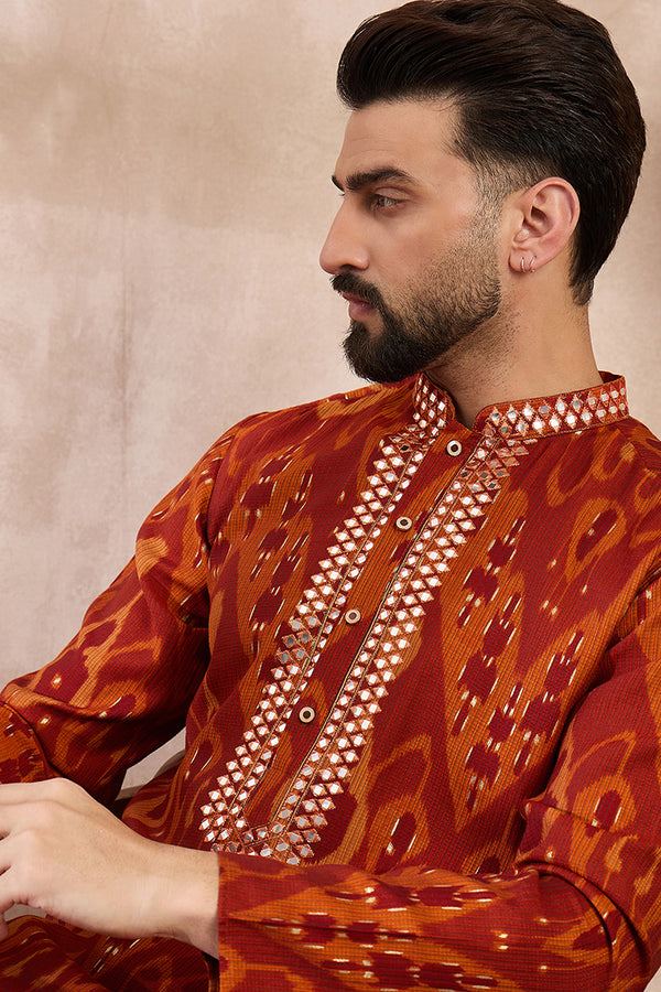 Orange Silk Blend Chevron Printed Straight Kurta With Trouser MKSET1964