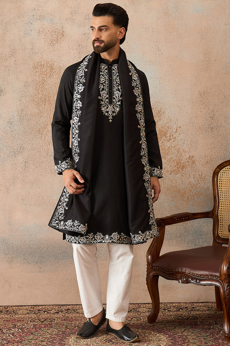 Black Silk Blend Solid Embroidered Kurta And Trouser With Dupatta MKPD1043