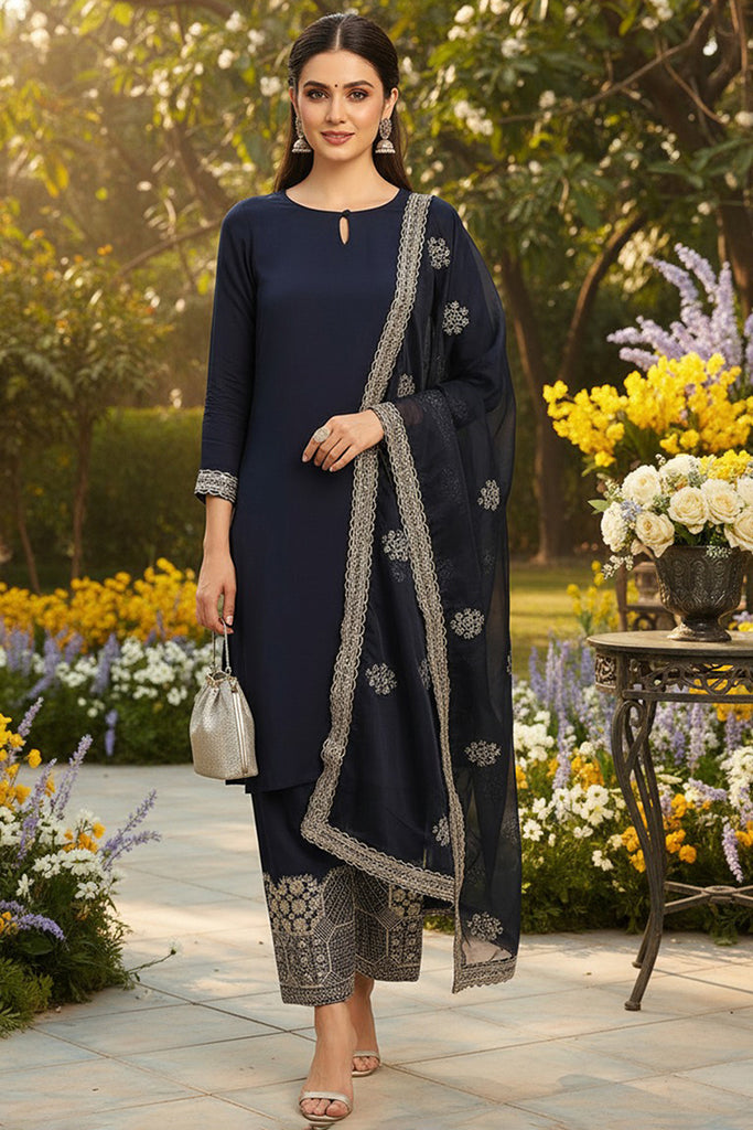 Navy Blue Silk Blend Solid Embroidered Straight Suit Set PKSKD2249