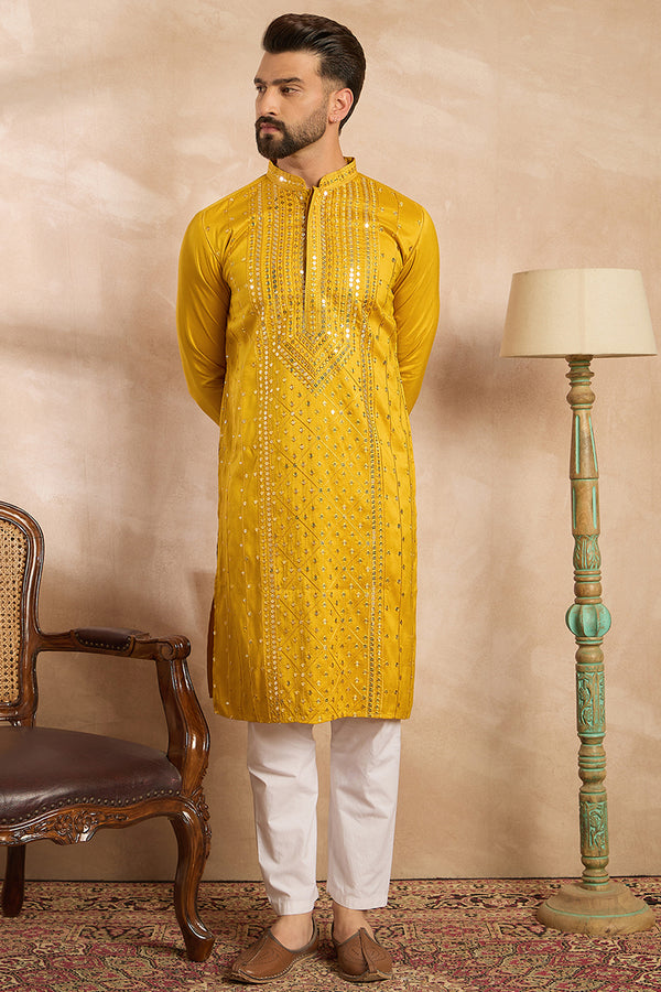 Yellow Silk Blend Geometric Embroidered Straight Kurta MKU1688