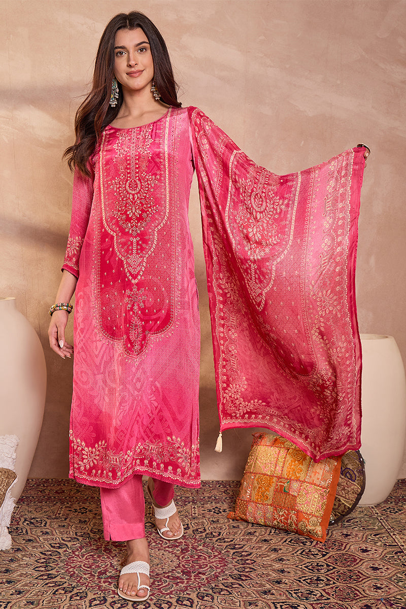 Pink Viscose Rayon Embroidered Kurta Trouser With Dupatta  HSKSKD3022