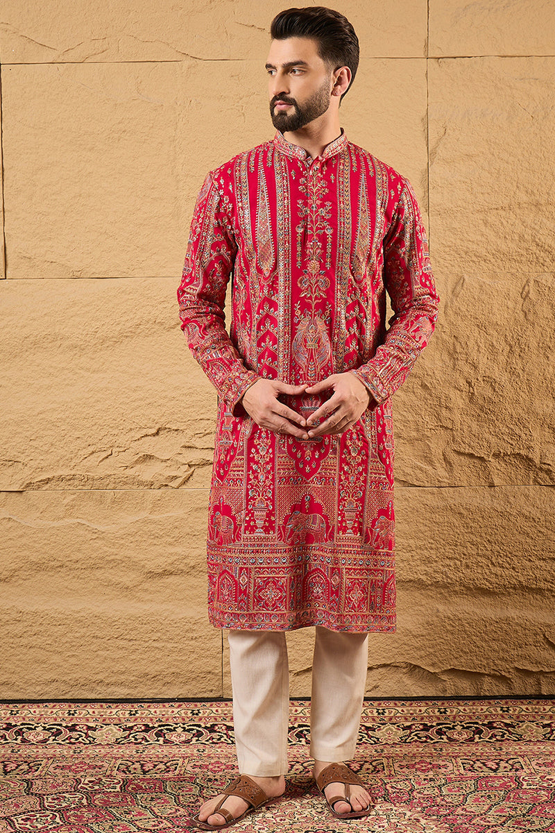 Pink Georgette Solid Embroidered Straight Kurta with Trouser MKSET1160