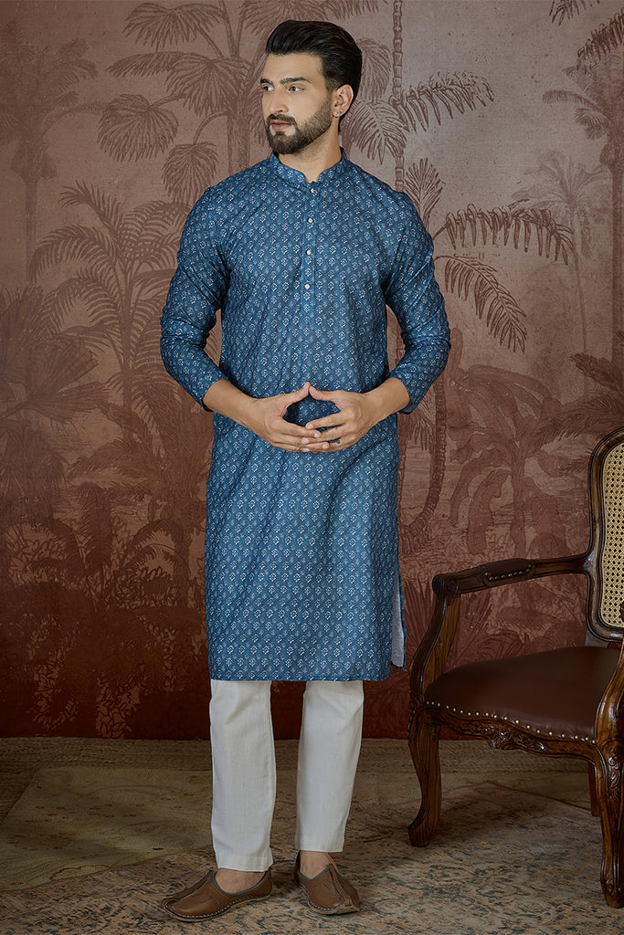 Blue Linen Floral Print Regular Kurta With Trouser MKSET2433