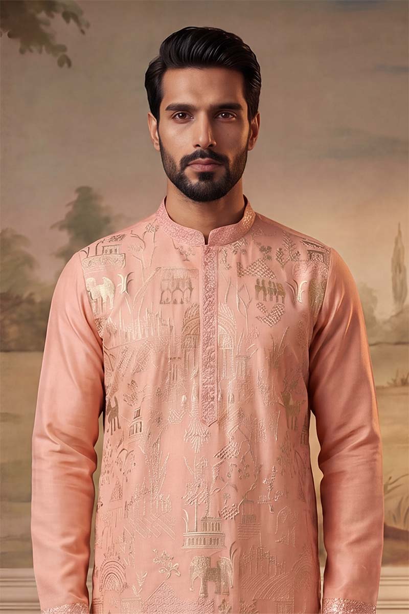 Peach Viscose Rayon Solid Embroidered Kurta With Trousers MKSET2092