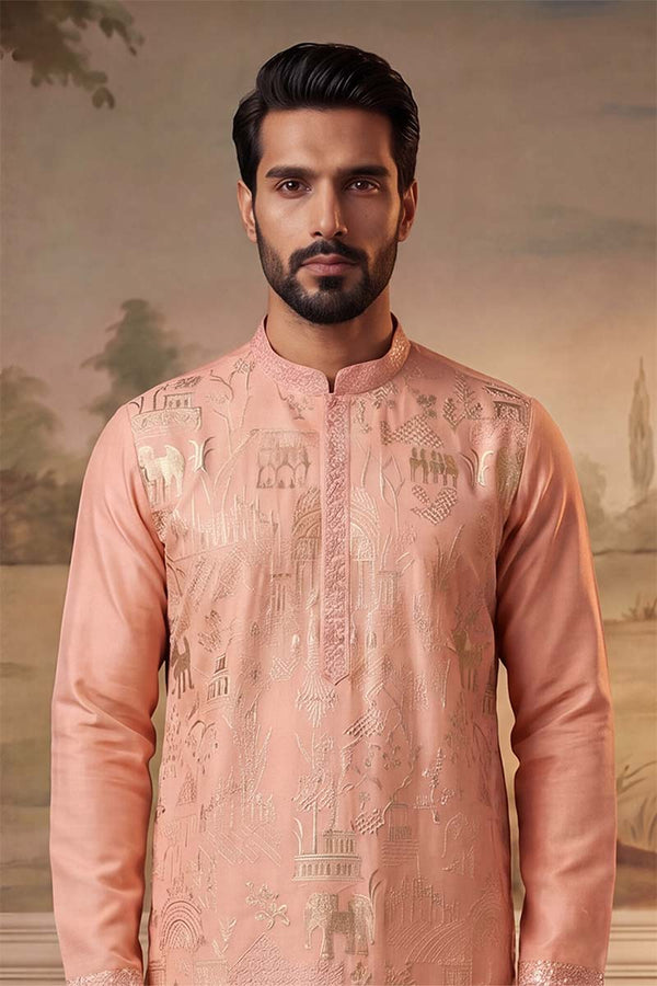 Peach Viscose Rayon Solid Embroidered Kurta With Trousers MKSET2092
