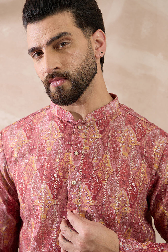 Pink Silk Blend Printed Mandarin Collar Straight Kurta With Trouser MKSET2054