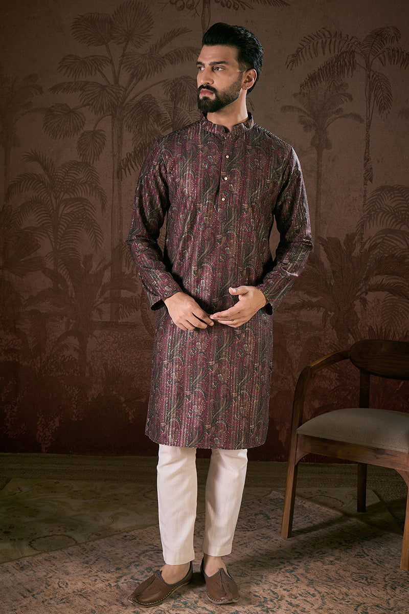 Purple Silk Blend Ethnic Motifs Printed Straight Kurta MKU1941