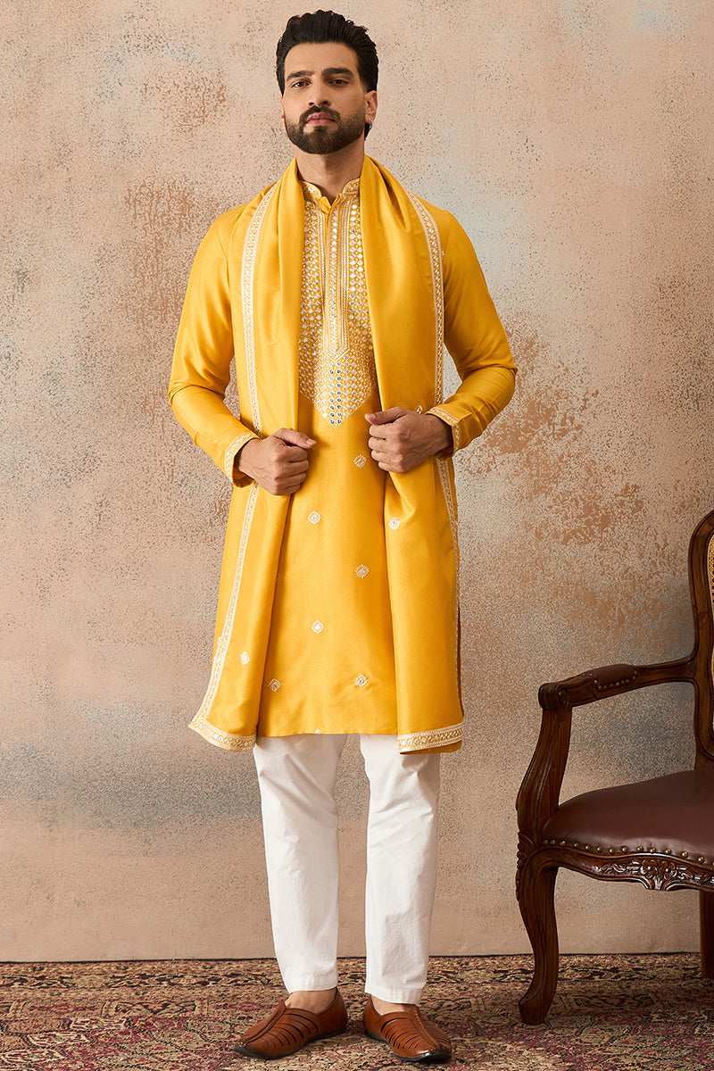 Yellow Silk Blend Solid Embroidered Kurta And Trouser With Dupatta MKPD1015