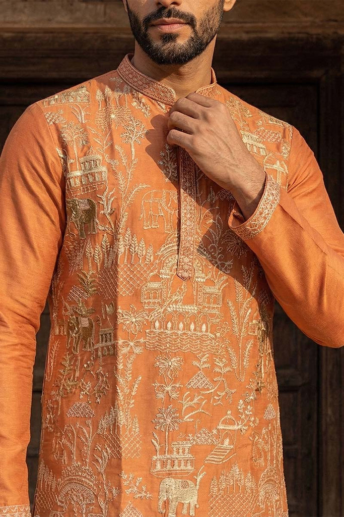 Peach Viscose Rayon Embroidered Straight Kurta With Trousers MKSET2169