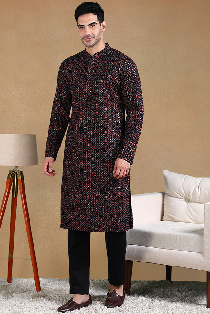 Black Viscose Rayon Geometric Dyed Straight Kurta with Trousers MKSET1013BLK