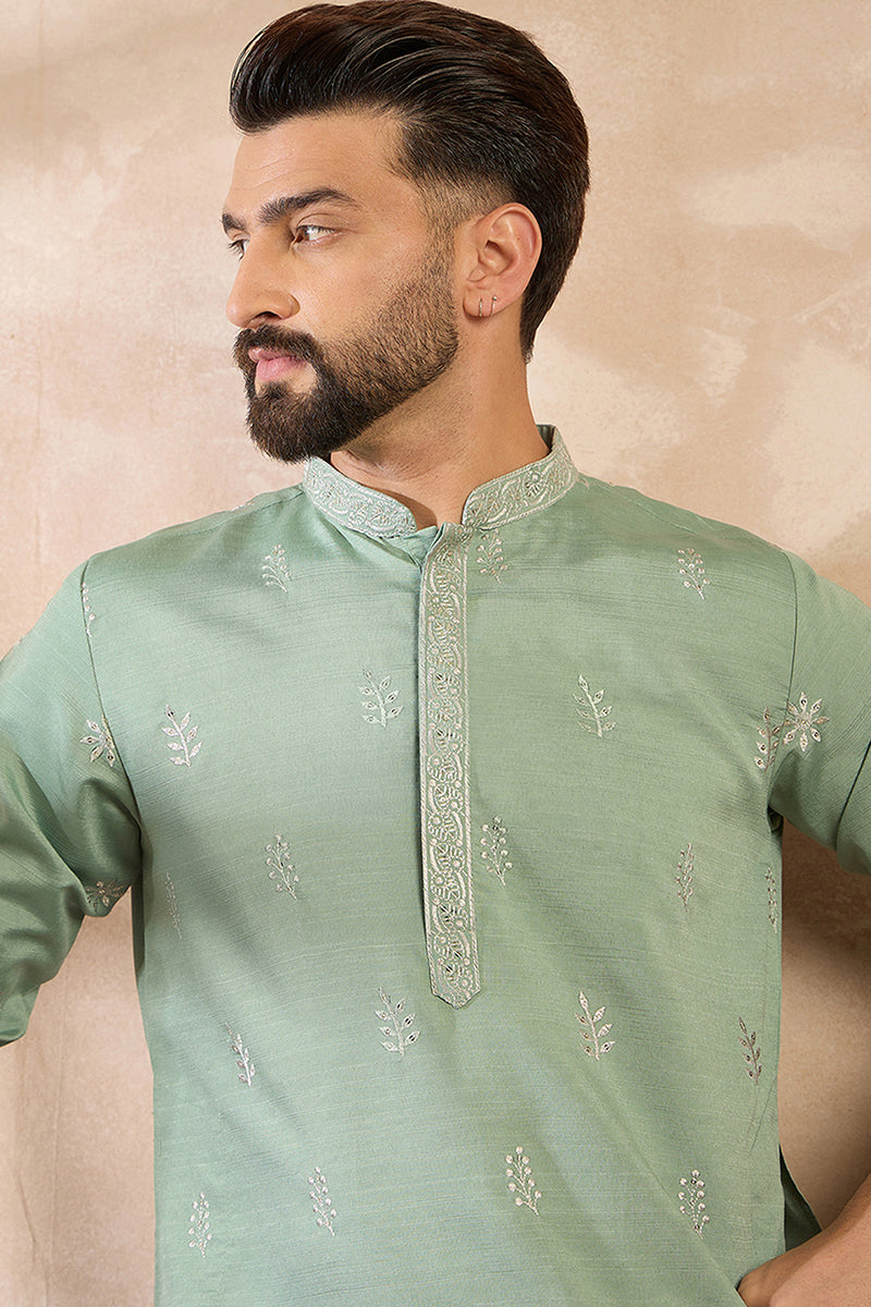 Green Silk Blend Solid Embroidered Straight Kurta MKU1783