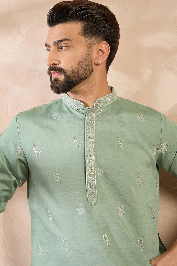 Green Silk Blend Solid Embroidered Straight Kurta MKU1783