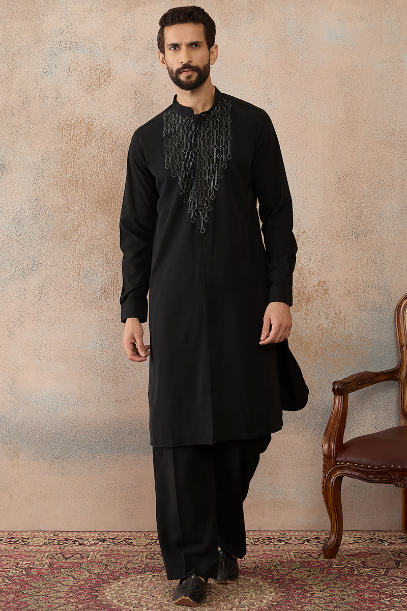 Black Silk Blend Ethnic Motifs Printed Kurta With Trouser MKSET2392