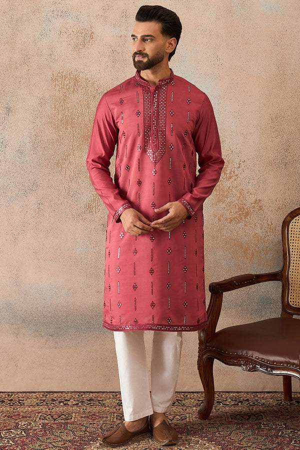 Rose Silk Blend Solid Embroidered Sequins Kurta With Trouser MKSET2259