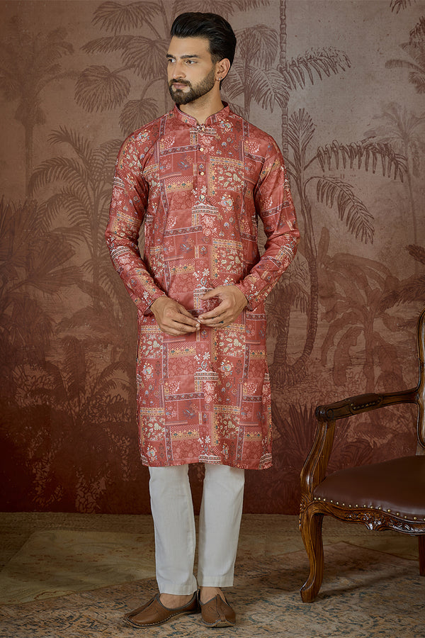 Silk Blend Pink Abstract Printed Kurta With Trouser MKSET2432