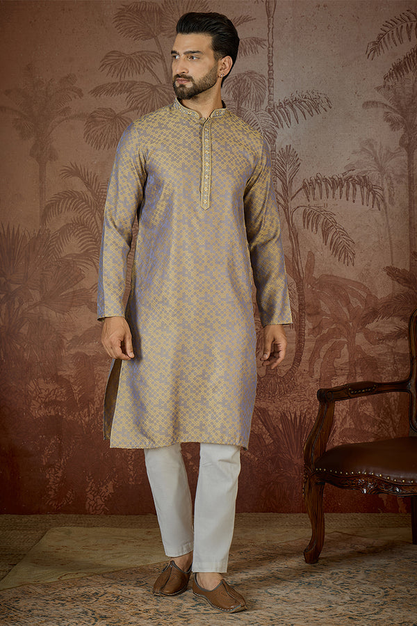Grey Jacquard Geometric Embroidered Kurta MKU2548