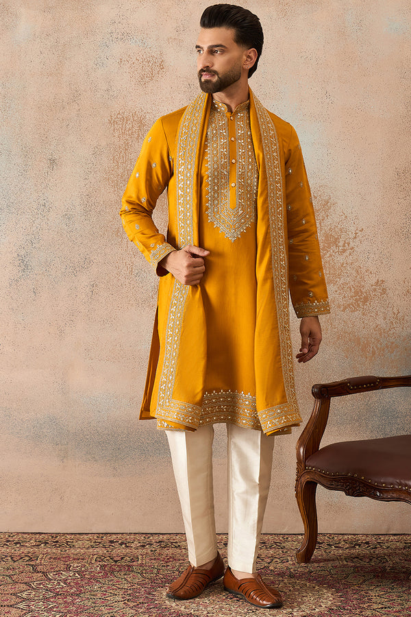 Mustard Silk Blend Solid Embroidered Kurta With Dupatta MKUD1029