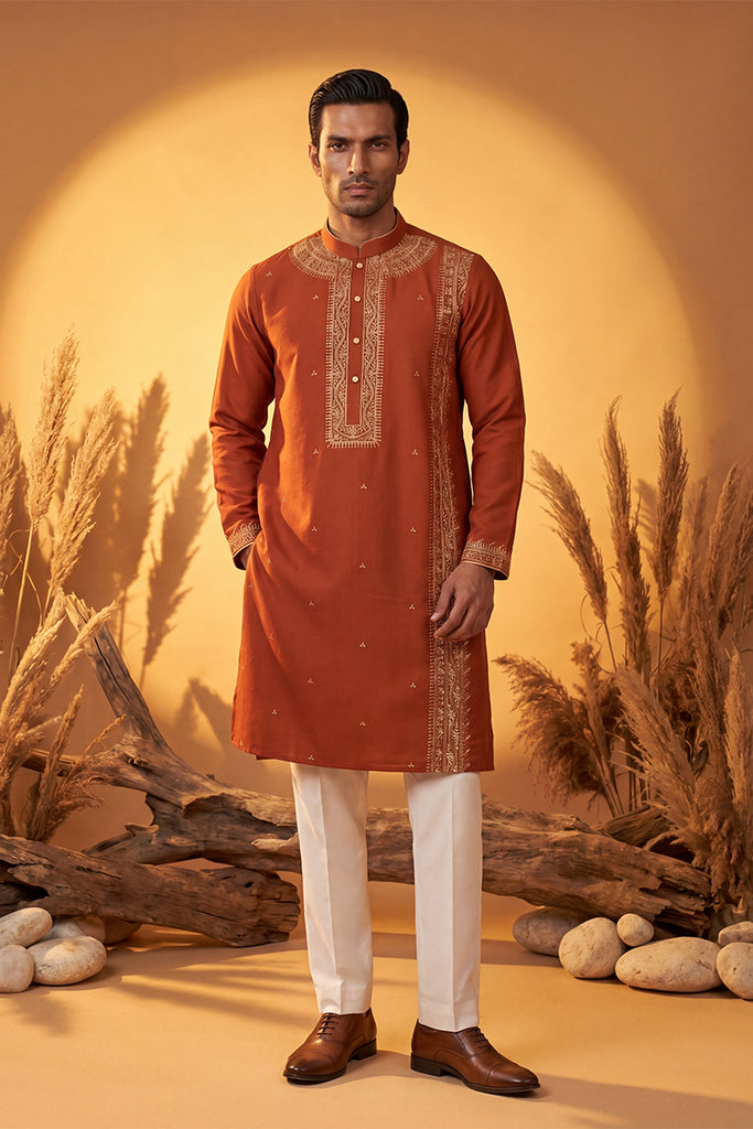 Orange Silk Blend Solid Emboidered Straight Kurta With Trouser MKSET2371