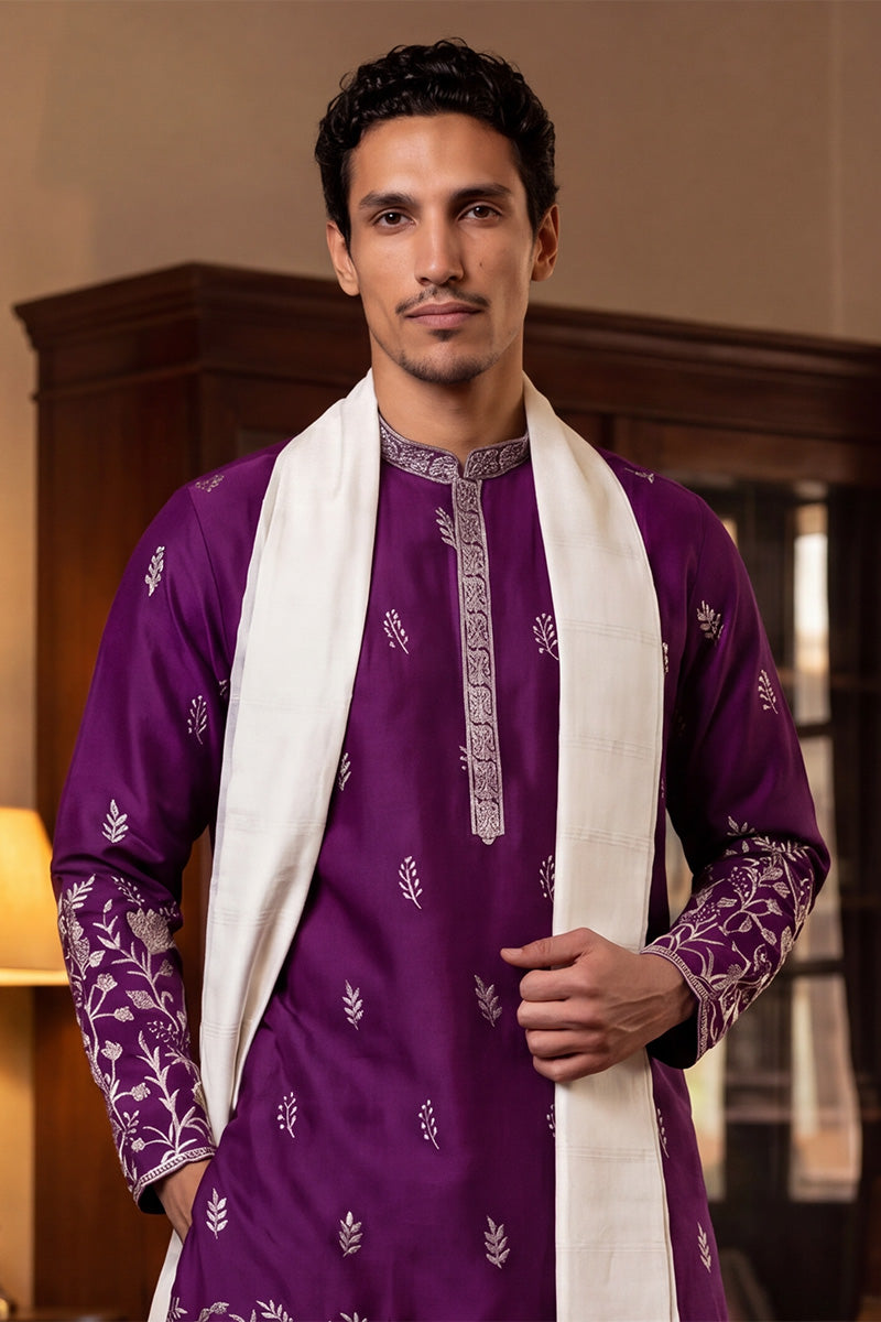 Purple Silk Blend Solid Embroidered Straight Kurta with Dupatta MKUD1944