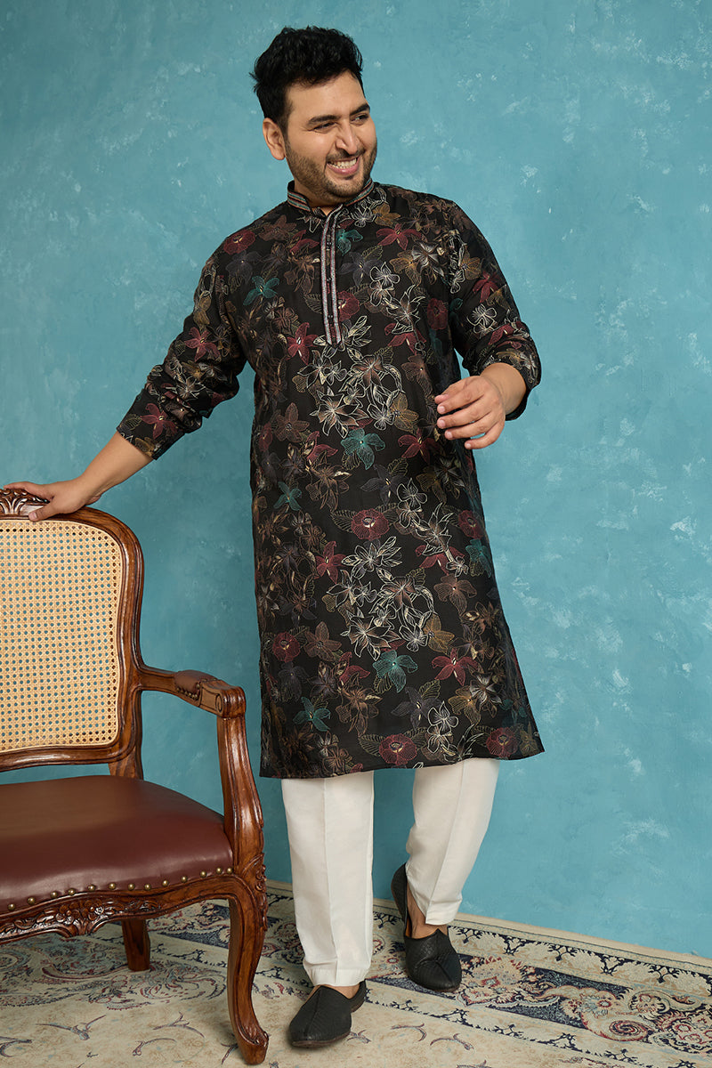 Black Silk Blend Floral Printed Kurta MKU1956