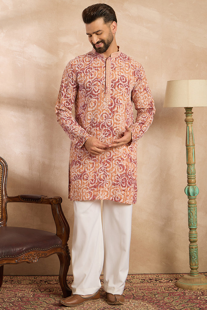 Orange Viscose Rayon Batik Embroidered Straight Kurta With Trouser MKSET1719