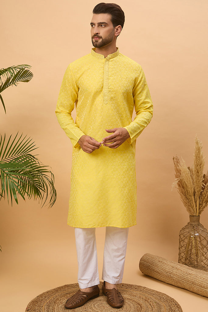 Yellow Silk Blend Solid Embroidered Straight Kurta MKU1455