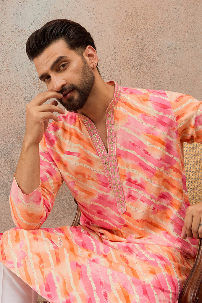 Pink Viscose Rayon Leheriya Printed Kurta With Trouser MKSET2754
