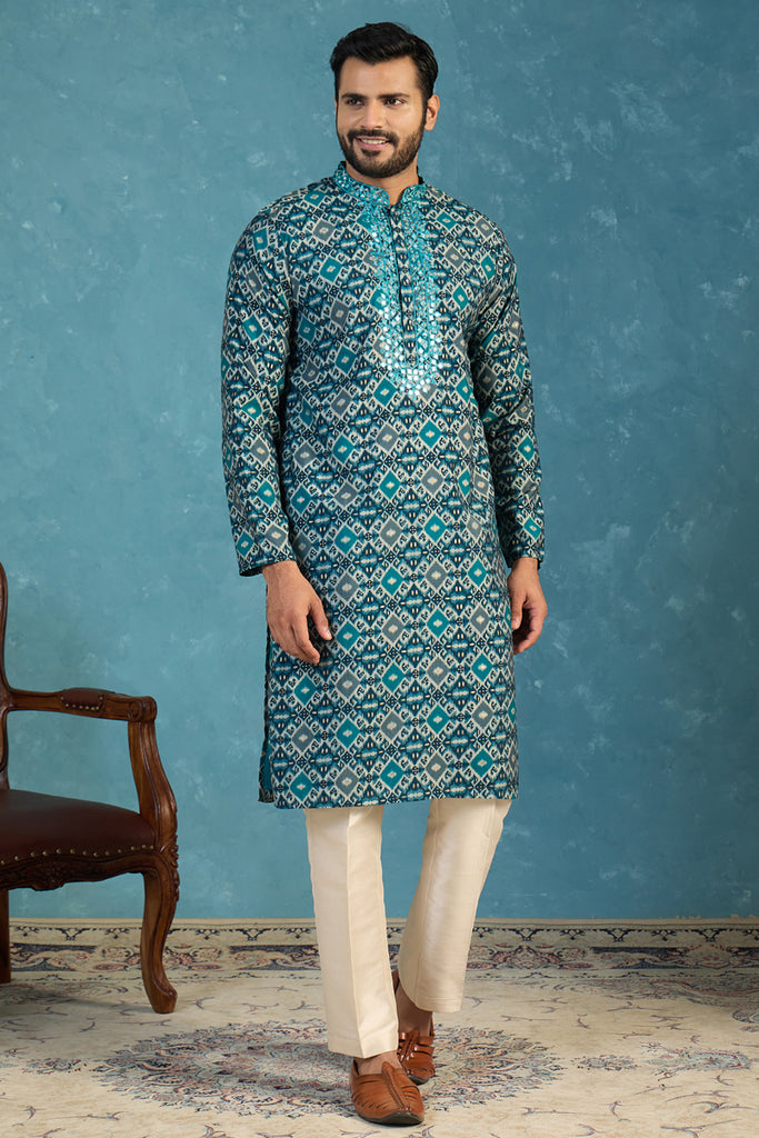 Sea Green Silk Blend Ethnic Motifs Ikat Printed Kurta MKU1893