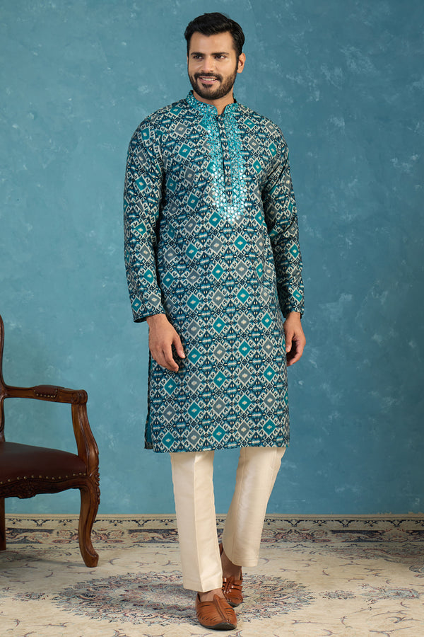 Sea Green Silk Blend Ethnic Motifs Ikat Printed Kurta MKU1893