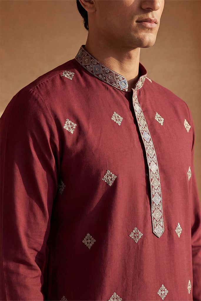 Silk Blend Maroon Solid Embroidered Calf Length Straight Kurta With Trousers MKSET2100