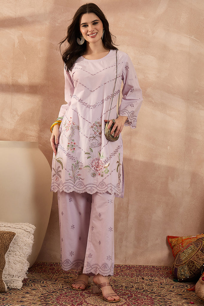 Lavender Pure Cotton Embroidered Scalloped Coord Sets VCORD1162