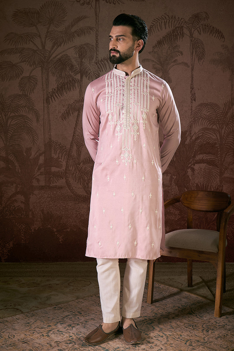 Pink Silk Blend Solid Embroidered Straight Kurta MKU1788