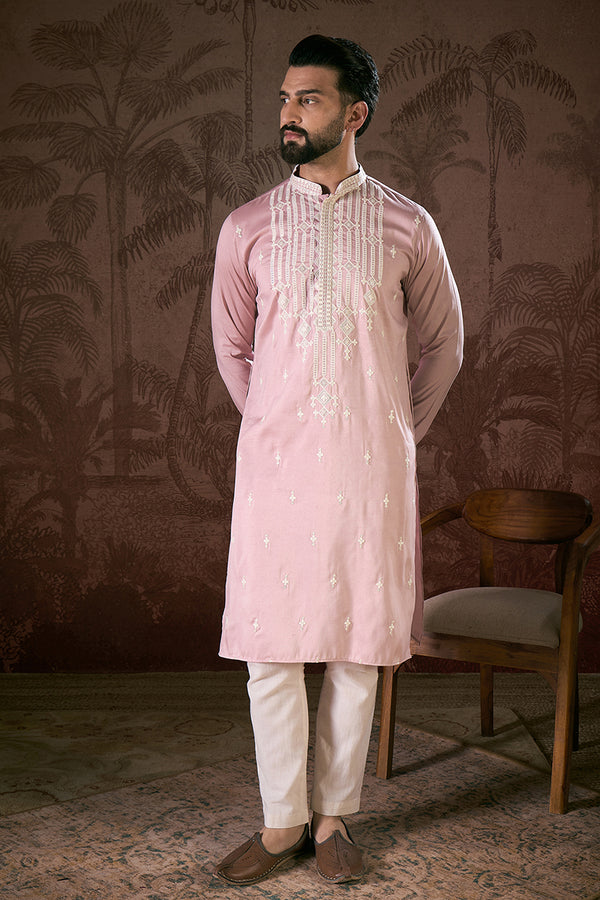 Pink Silk Blend Solid Embroidered Straight Kurta MKU1788