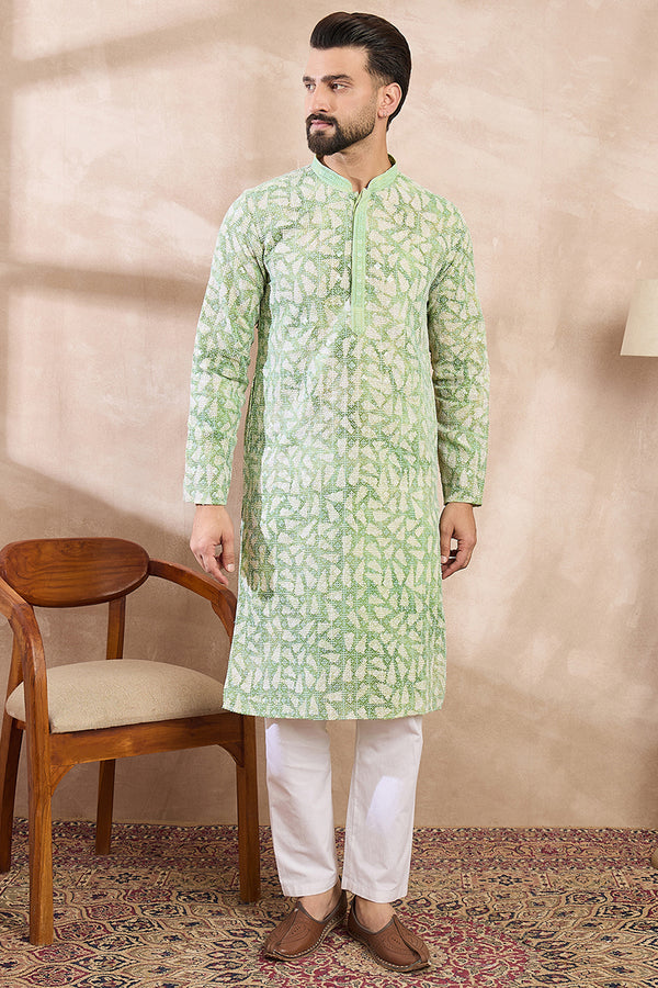 Green Viscose Rayon Ethnic Motifs Embroidered Straight Kurta With Trouser MKSET1672