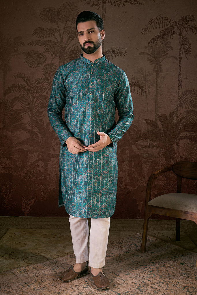 Blue Silk Blend Ethnic Motifs Printed Straight Kurta MKU1906
