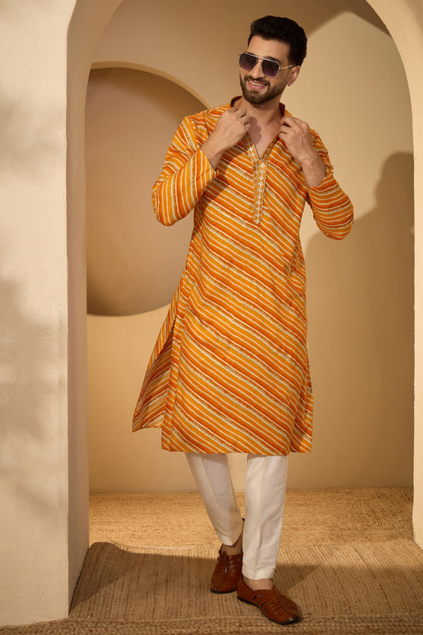 Yellow Rayon Leheriya Printed V-Neck Kurta With Trouser MKSET2755