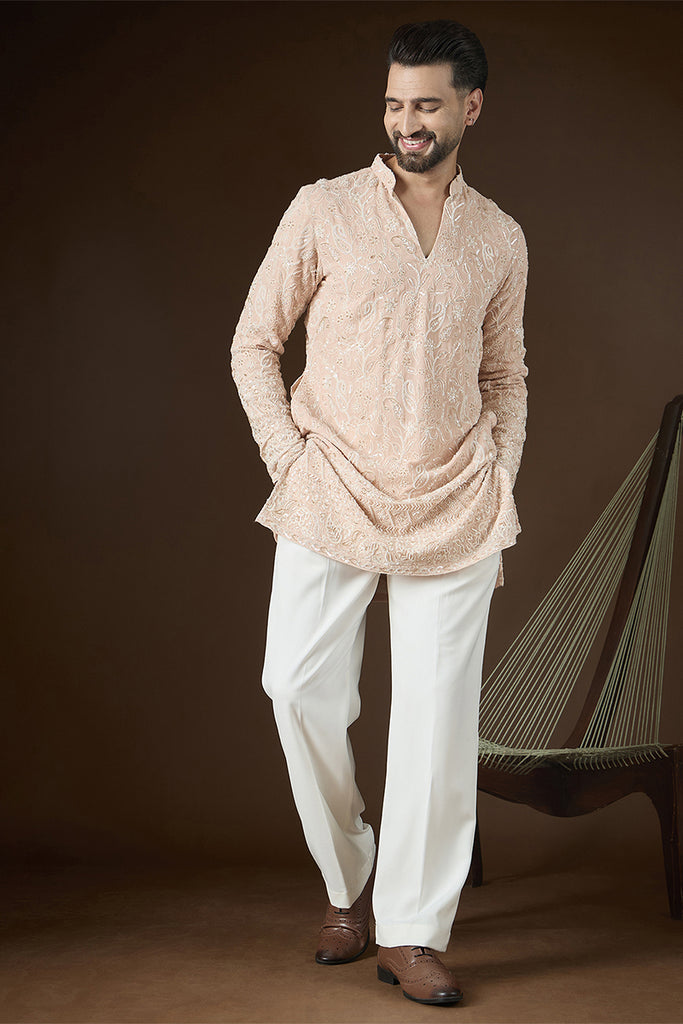 Peach Georgette Solid Embroidered V-Neck Kurta MKU2830