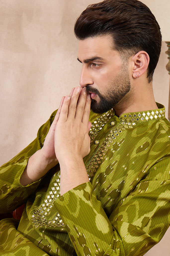 Green Viscose Rayon Chevron Printed Straight Kurta With Trouser MKSET1965