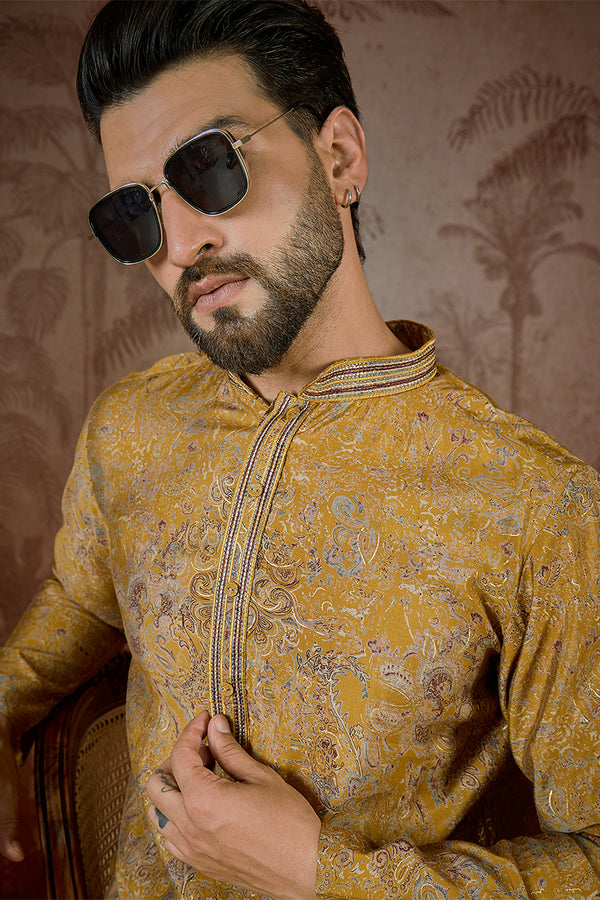 Mustard Silk Blend Ethnic Motifs Embroidered Kurta With Trouser MKSET2534